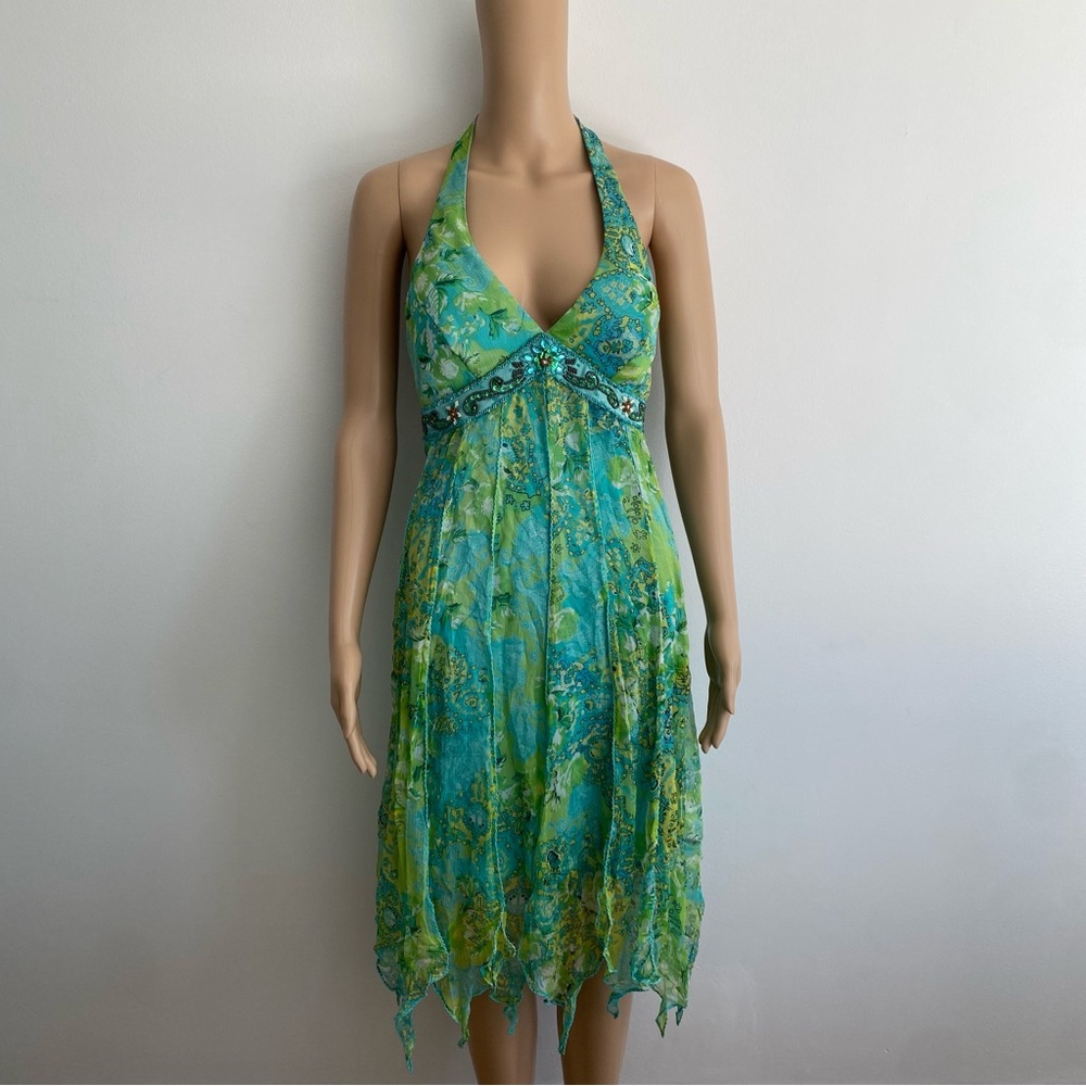 [SOLD] Vintage Sue Wong 100% Silk Green Halter Handkerchief Dress Beaded Size M - Picture 3 of 8